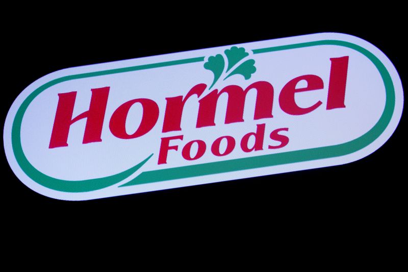 &copy; Reuters. The company logo for Hormel Foods is displayed on a screen on the floor at the New York Stock Exchange (NYSE) in New York, U.S., October 9, 2019. REUTERS/Brendan McDermid