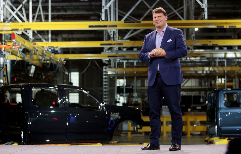 &copy; Reuters. Ford CEO Jim Farley speaks during the official launch of the all-new Ford F-150 Lightning electric pickup truck at the Ford Rouge Electric Vehicle Center in Dearborn, Michigan, U.S. April 26, 2022. REUTERS/Rebecca Cook