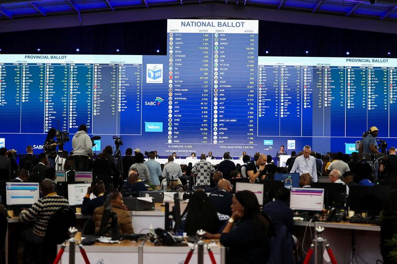 &copy; Reuters. FILE PHOTO: The result board at the National Results Operation Centre of the Electoral Commission of South Africa (IEC), which serves as an operational hub where results of the national election are displayed, in Midrand, South Africa, May 30, 2024. REUTE