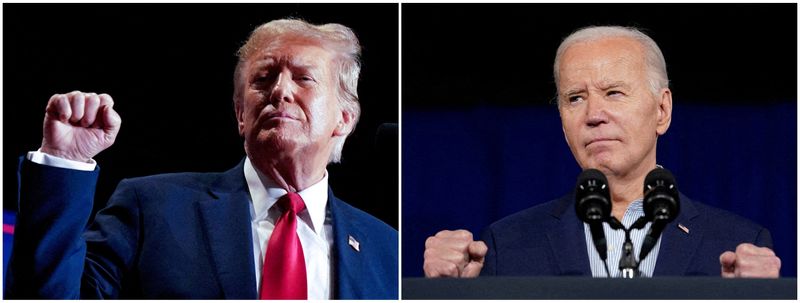 &copy; Reuters. FILE PHOTO: Combination picture showing Republican presidential candidate and former U.S. President Donald Trump reacting on stage during a campaign rally in Richmond, Virginia, U.S. March 2, 2024, and U.S. President Joe Biden gesturing while delivering r