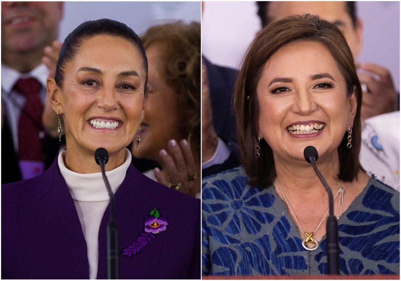 © Reuters. FILE PHOTO: Combination picture of file photos shows presidential candidate of the ruling MORENA party Claudia Sheinbaum (L) and Xochitl Galvez, the presidential candidate of the 'Fuerza y Corazon por Mexico', an alliance of opposition parties, at the last presidential debate at Tlatelolco University Cultural Center in Mexico City, Mexico, May 19, 2024. REUTERS/Quetzalli Nicte-Ha/File Photo