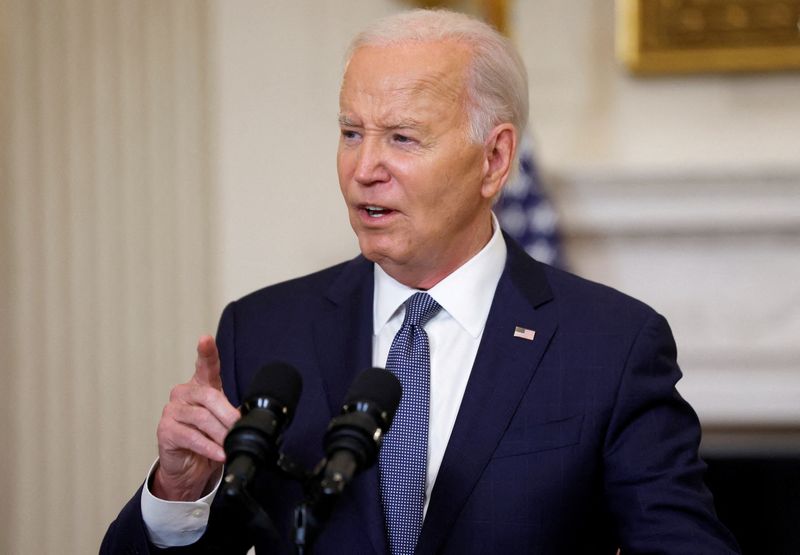 &copy; Reuters. O presidente dos Estados Unidos, Joe Biden, no State Dining Room da Casa Branca em Washington, EUAn31/05/2024nREUTERS/Evelyn Hockstein