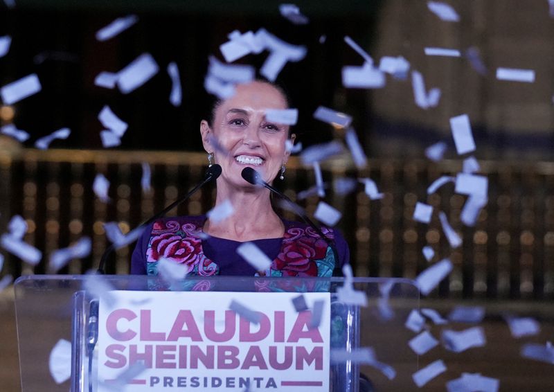 &copy; Reuters. Presidential candidate of the ruling Morena party Claudia Sheinbaum, reacts while addressing her supporters after winning the presidential election, at Zocalo Square in Mexico City, Mexico June 3, 2024. REUTERS/Alexandre Meneghini  REFILE - QUALITY REPEAT