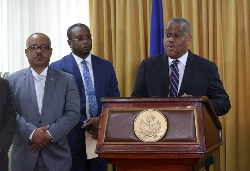 &copy; Reuters. Garry Conille addresses the audience during a ceremony with members of the transition council, where he is presented as Haiti's interim Prime Minister, in Port-au-Prince, Haiti June 3, 2024. REUTERS/Ralph Tedy Erol