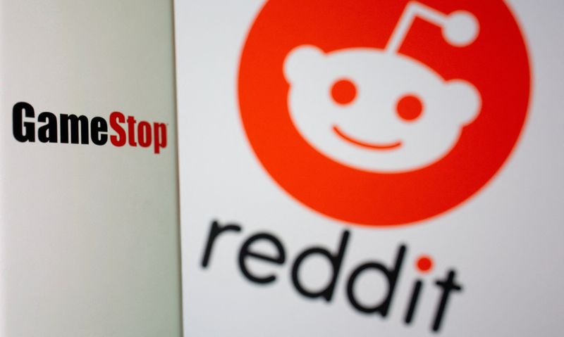 &copy; Reuters. FILE PHOTO: GameStop logo is seen in front of displayed Reddit logo in this illustration taken February 2, 2021. REUTERS/Dado Ruvic/Illustration/File Photo