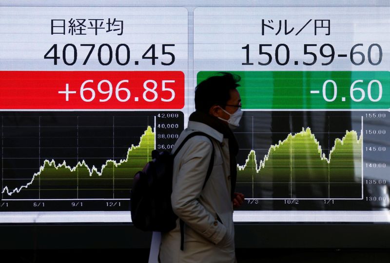 &copy; Reuters. FILE PHOTO: A man walks past an electric screen displaying Japan's Nikkei share average and the current Japanese Yen exchange rate against the U.S. dollar outside a brokerage in Tokyo, Japan March 21, 2024.  REUTERS/Issei Kato/ file photo