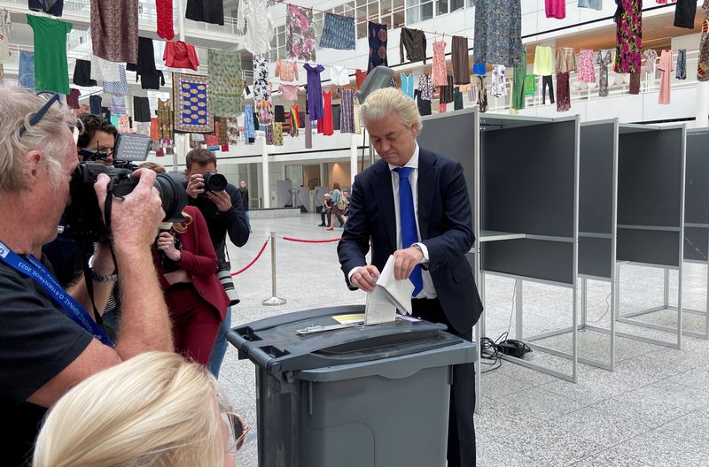 © Reuters. Dutch far-right leader Geert Wilders poses with his ballot paper while voting in an EU election in The Hague, Netherlands June 6, 2024. REUTERS/Lewis Macdonald