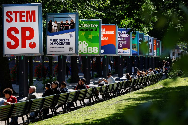 &copy; Reuters. Election campaign boards are displayed, ahead of the elections across 27 European Union member states, of which the Netherlands is the first country to go to the polls in this round of elections to the bloc's parliament, in The Hague, Netherlands, June 5,