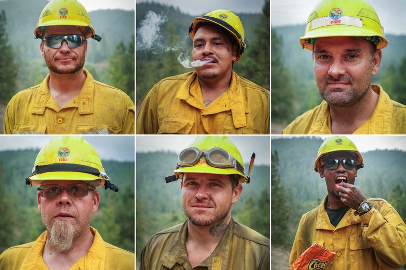 © Reuters. A combination picture shows (clockwise from top left), Christopher Wood, 40, Joseph Boyd, 43, Matthew Caldwell, 49, Kenyatta Bridges, 34, Joshua Tucker-Jonas, 29, and Todd Bush, 44, crew members of Arcadia 20, a group of partially-incarcerated firefighters based in Spokane, Washington comprised of men recruited by Washington state's Department of Natural Resources (DNR) and Department of Corrections (DOC), posing for a portrait during fire mop up activities on deployment at the Oregon fire near Deer Park, Washington, U.S., August 30, 2023. While states across the American West have inmate firefighting crews, Washington's ARC 20 program is the only one of its kind in the U.S., recruiting incarcerated individuals from full confinement into a reentry center where they continue to build skills in firefighting and prepare for life after release.      REUTERS/Matt Mills McKnight       