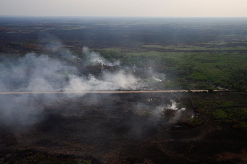 © Reuters. FILE PHOTO: Cars of ICMBio (Chico Mendes Institute for Biodiversity Conservation) and IBAMA (Brazilian Institute for the Environment and Renewable Natural Resources) are seen near a fire in the Pantanal, the world's largest wetland, in Pocone, Mato Grosso state, Brazil November 21, 2023. REUTERS/Amanda Perobelli/File Photo