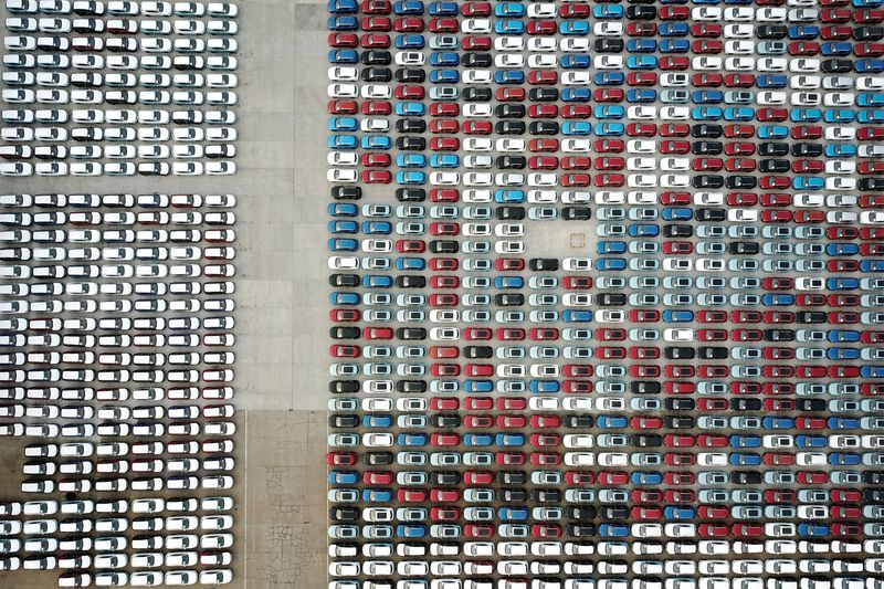 &copy; Reuters. FILE PHOTO: Cars for export are seen at a port in Lianyungang, Jiangsu province, China April 2, 2020. China Daily via REUTERS/File Photo