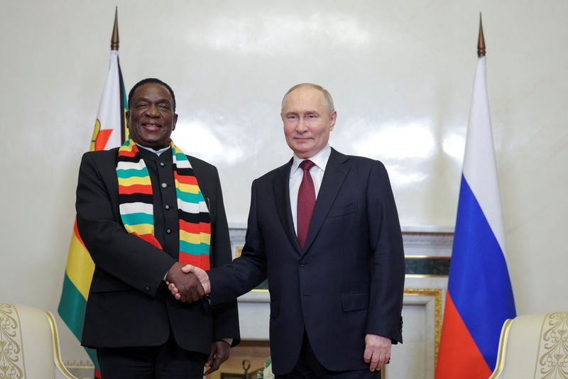 © Reuters. Russia's President Vladimir Putin shakes hands with Zimbabwe's President Emmerson Mnangagwa during a meeting on the sidelines of the St. Petersburg International Economic Forum (SPIEF) in Saint Petersburg, Russia June 6, 2024. REUTERS/Anton Vaganov/Pool