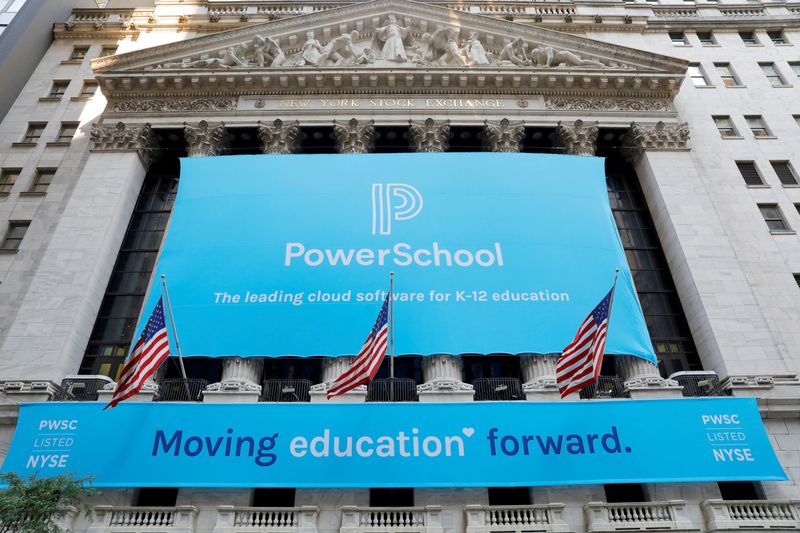 © Reuters. FILE PHOTO: Signage for PowerSchool (NYSE:PWSC) is seen ahead of their Initial public offering (IPO) at the New York Stock Exchange (NYSE) in New York City, New York, U.S., July 28, 2021. REUTERS/Andrew Kelly/File Photo