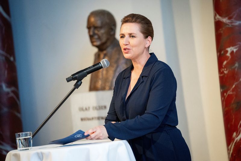 © Reuters. FILE PHOTO: Denmark's Prime Minister Mette Frederiksen speaks on the day exiled Belarusian opposition leader, Sviatlana Tsikhanouskaya receives the 'European of the Year' prize at the National Museum in Copenhagen, May 14, 2024. Ritzau Scanpix/Ida Marie Odgaard/via REUTERS/File photo