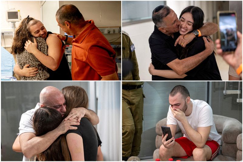 © Reuters. A combination picture shows (clockwise from top left) former hostages Almog Meir Jan, Noa Argamani, Andrey Kozlov and Shlomi Ziv who were held by Palestinian Islamist group Hamas in Gaza and rescued more than eight months later in a special operation by Israeli forces in the Gaza Strip, after their arrival in Ramat Gan, Israel June 8, 2024. Israeli Army/Handout via Reuters