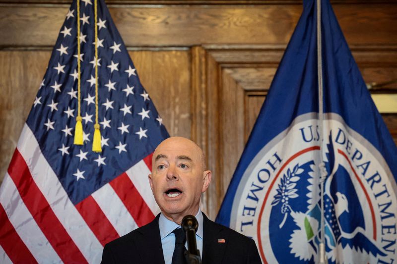 © Reuters. FILE PHOTO: Department of Homeland Security (DHS) Secretary Alejandro Mayorkas speaks during a news conference regarding the Know2Protect program in New York City, U.S., April 17, 2024.  REUTERS/Brendan McDermid/File Photo