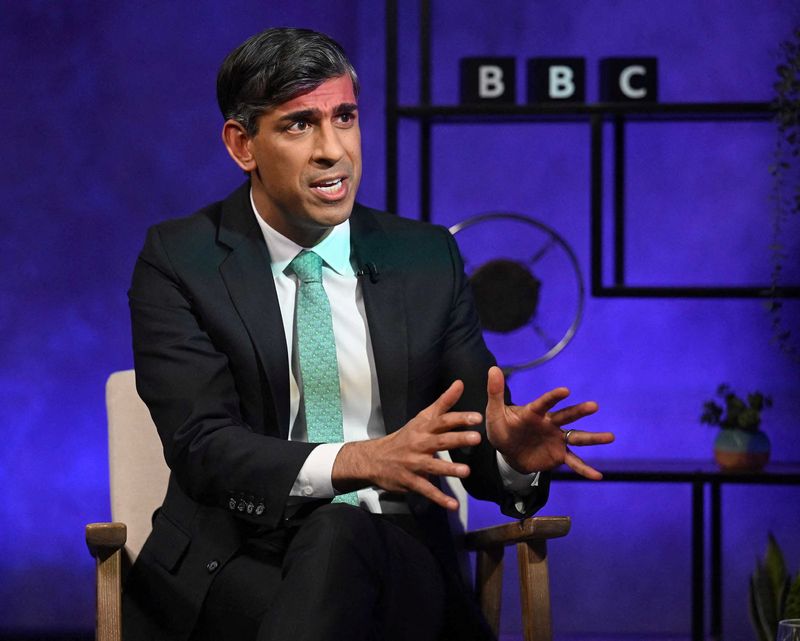 © Reuters. British Prime Minister Rishi Sunak speaks during an interview with Nick Robinson, in London, Britain June 10, 2024. Jeff Overs/BBC/Handout via REUTERS 