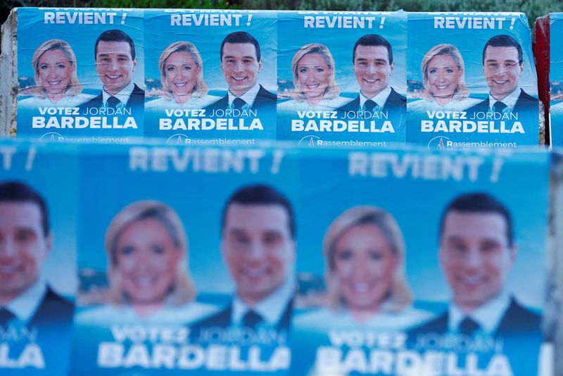 © Reuters. European election posters of the French far-right National Rally (Rassemblement National - RN) party with pictures of their leaders Marine Le Pen and Jordan Bardella are seen near the RN party headquarters in Paris, the day after French far-right win in European Parliament vote and the announcement of early legislative elections in France, June 10, 2024. REUTERS/Gonzalo Fuentes