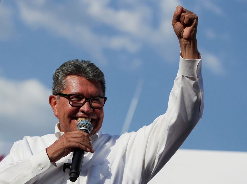 &copy; Reuters. FILE PHOTO: Mexico's former Senator Ricardo Monreal, one of the candidates pursuing the ruling MORENA party's candidacy for the 2024 presidential election, speaks to supporters on the day of a campaign rally in Mexico City, Mexico June 19, 2023. REUTERS/H