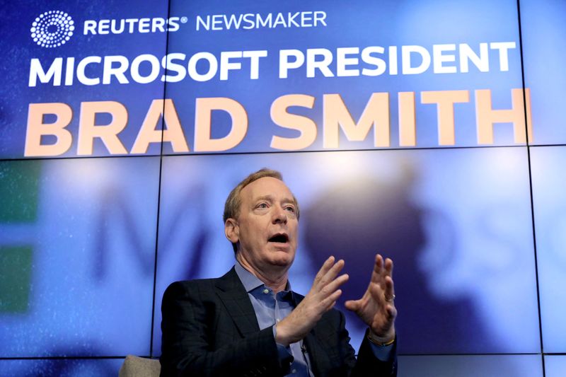 &copy; Reuters. FILE PHOTO: Microsoft President Brad Smith speaks during a Reuters Newsmaker event in New York, U.S., September 13, 2019. REUTERS/Gary He/File Photo