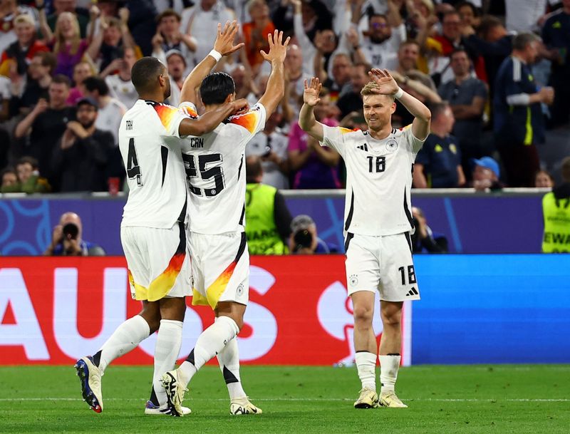 &copy; Reuters. Jogadores alemães comemoram quinto gol contra a Escócian14/06/2024nREUTERS/Leonhard Simon
