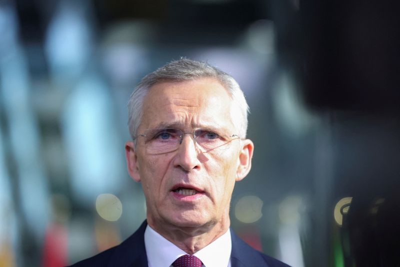 © Reuters. FILE PHOTO: NATO Secretary General Jens Stoltenberg speaks to the media on the day of the NATO defence ministers' meeting at the Alliance's headquarters in Brussels, Belgium June 13, 2024. REUTERS/Johanna Geron/File Photo