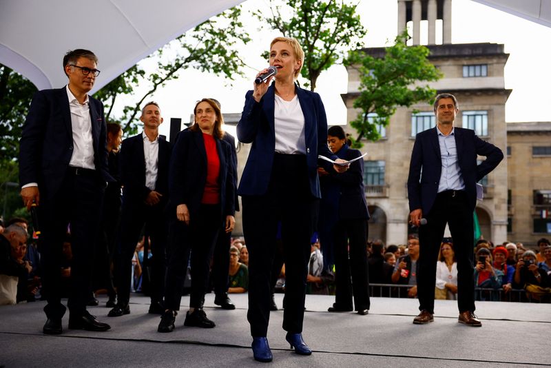 © Reuters. Clementine Autain, of the French far-left opposition party La France Insoumise (France Unbowed - LFI) attends a political rally by the alliance of left-wing parties, called the 