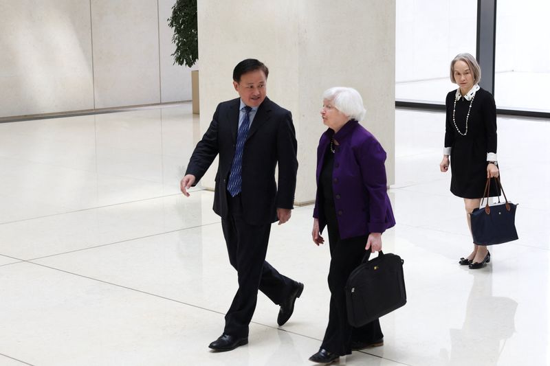 &copy; Reuters. U.S. Treasury Secretary Janet Yellen walks with People's Bank of China (PBOC) Governor Pan Gongsheng on the day of their meeting, in Beijing, China April 8, 2024. REUTERS/Florence Lo/ File Photo