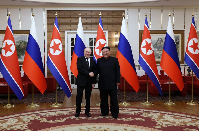 &copy; Reuters. Russia's President Vladimir Putin and North Korea's leader Kim Jong Un meet in Pyongyang, North Korea June 19, 2024. Sputnik/Gavriil Grigorov/Pool via REUTERS 