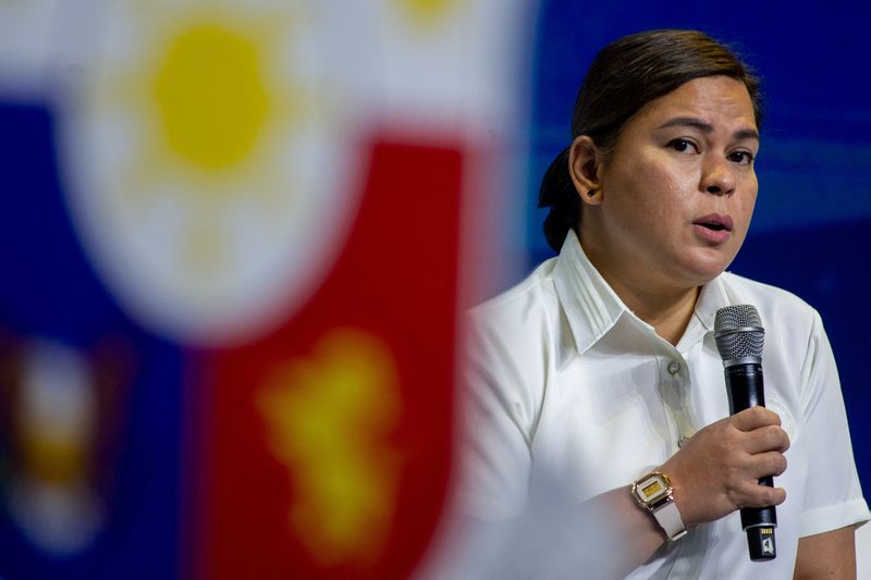 © Reuters. FILE PHOTO: Philippine Vice President and Education Secretary Sara Duterte speaks during an economic briefing following President Ferdinand Marcos Jr's first State of the Nation Address, in Pasay City, Metro Manila, Philippines, July 26, 2022. REUTERS/Lisa Marie David/File Photo