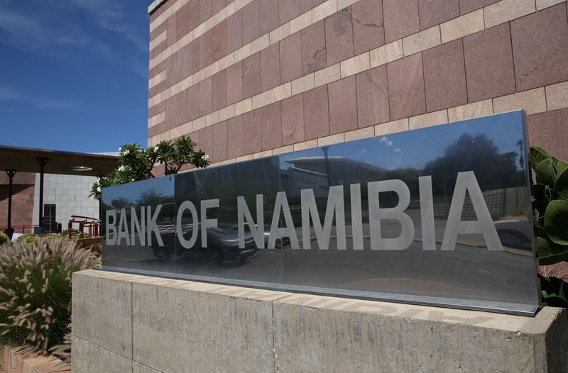 © Reuters. FILE PHOTO: A logo of the Bank of Namibia is seen at the company's headquarters in Windhoek, Namibia, February 24, 2017.    REUTERS/Siphiwe Sibeko/File Photo