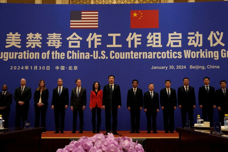 &copy; Reuters. FILE PHOTO: Chinese Minister of Public Security Wang Xiaohong announces the launch of the U.S.-China Counternarcotics Working Group next to U.S. Deputy Assistant to the President and Deputy Homeland Security Advisor Jen Daskal at the Diaoyutai State Guest