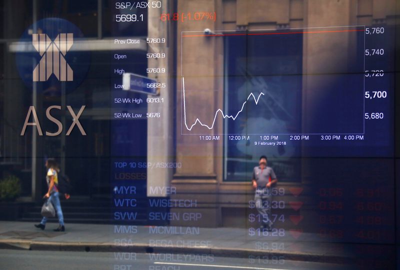 © Reuters. Pedestrians are reflected in a window in front of a board displaying stock prices at the Australian Securities Exchange (ASX) in Sydney, Australia, February 9, 2018.   REUTERS/David Gray/ File Photo