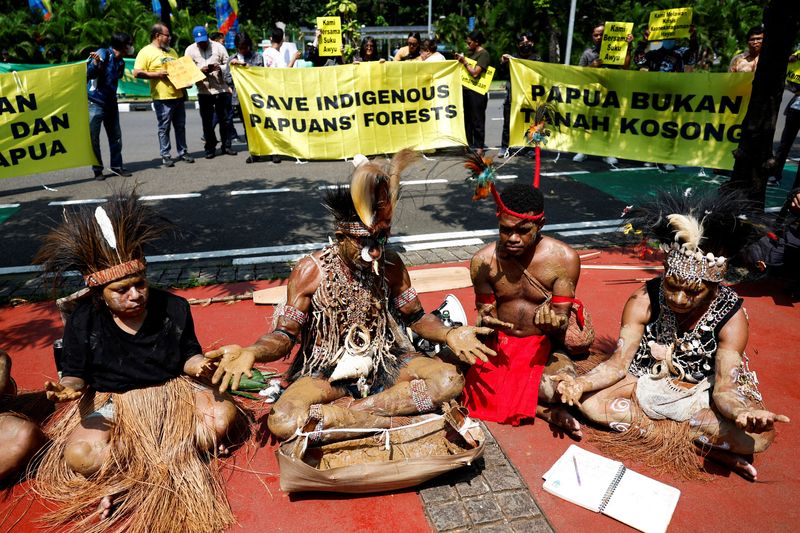 © Reuters. FILE PHOTO: Papuan activists take part in a protest against deforestation by palm oil companies on their indigenous land in Papua, outside the country's Supreme Court in Jakarta, Indonesia, May 27, 2024. REUTERS/Willy Kurniawan/File Photo