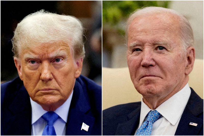 © Reuters. FILE PHOTO: Combination picture showing former U.S. President Donald Trump attending the Trump Organization civil fraud trial, in New York State Supreme Court in the Manhattan borough of New York City, U.S., November 6, 2023 and U.S. President Joe Biden participating in a meeting with Italy's Prime Minister Giorgia Meloni in the Oval Office at the White House in Washington, U.S., March 1, 2024. REUTERS/Brendan McDermid and Elizabeth Frantz//File Photo