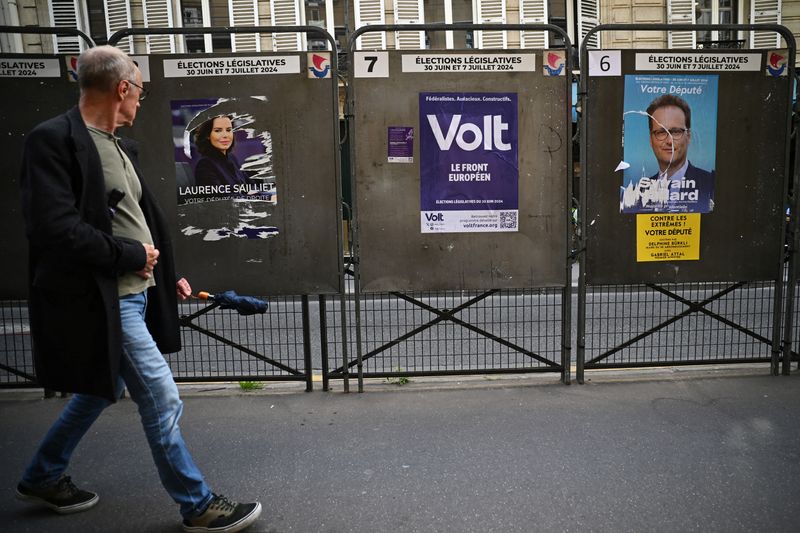 &copy; Reuters. Homem caminha em frente a pôsteres com propaganda eleitoral em Paris, antes de eleição antecipada para o Parlamento da Françan22/06/2024 REUTERS/Dylan Martinez