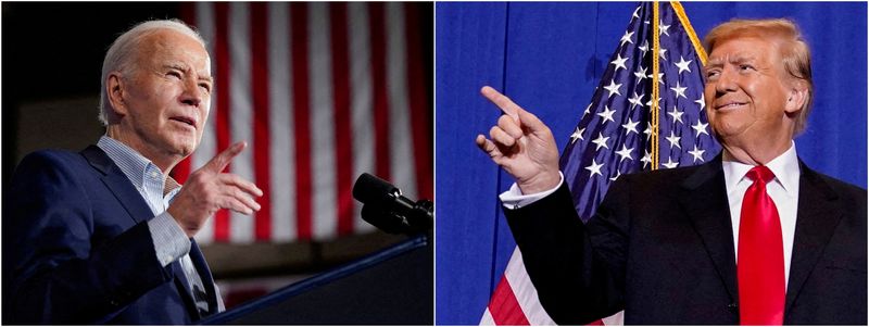 &copy; Reuters. FILE PHOTO: Combination picture showing U.S. President Joe Biden delivering remarks on lowering costs for American families, in Las Vegas, Nevada, U.S., March 19, 2024 and Republican presidential candidate and former U.S. President Donald Trump taking the