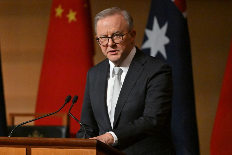&copy; Reuters. FILE PHOTO: Australian Prime Minister Anthony Albanese speaks at a luncheon at Parliament House in Canberra, Australia, June 17, 2024.    Mick Tsikas/Pool via REUTERS/File Photo
