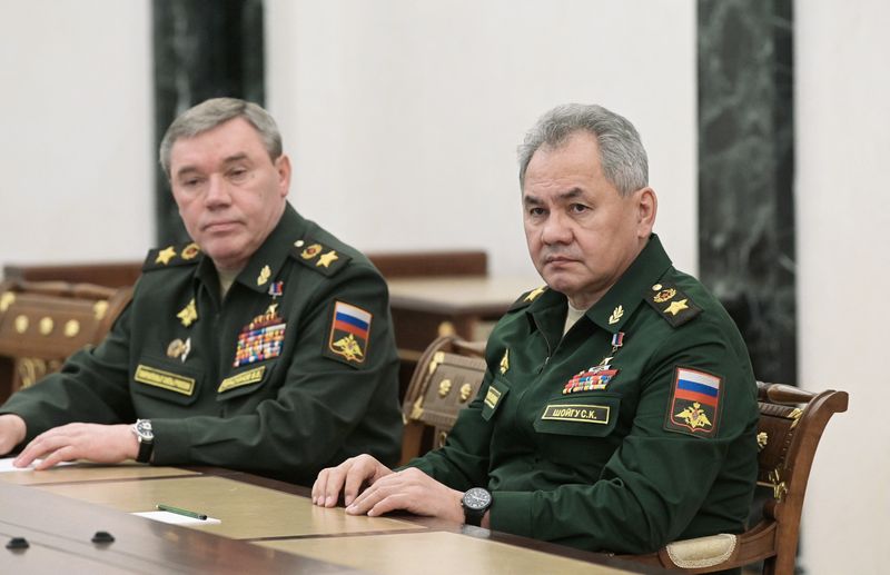 © Reuters. FILE PHOTO: Russian Defence Minister Sergei Shoigu and Chief of the General Staff of Russian Armed Forces Valery Gerasimov attend a meeting with Russian President Vladimir Putin in Moscow, Russia February 27, 2022. Sputnik/Aleksey Nikolskyi/Kremlin via REUTERS/File Photo