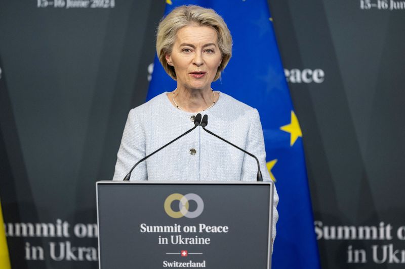 &copy; Reuters. Presidente da Comissão Europeia, Ursula von der Leyen, durante entrevista coletiva em Stansstad, na Suíçan16/06/2024 ALESSANDRO DELLA VALLE/Pool via REUTERS