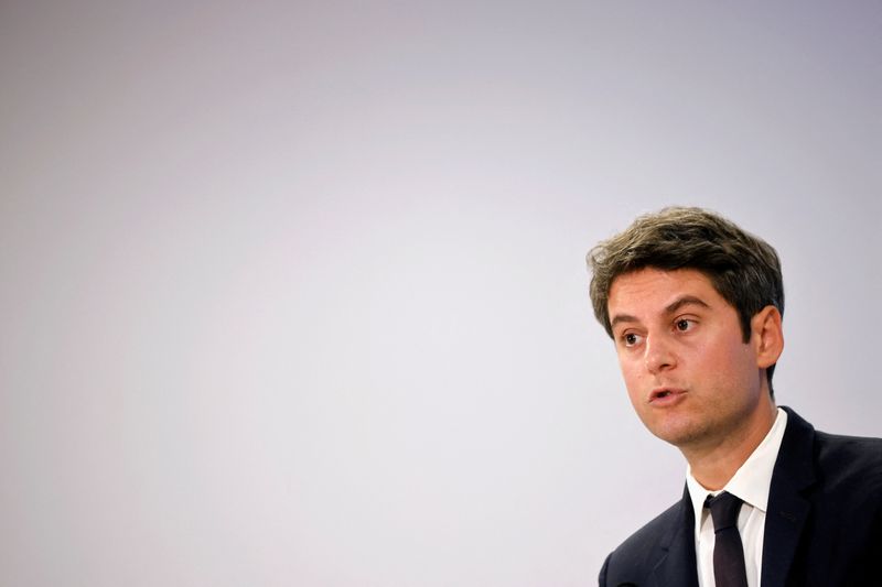 © Reuters. French Prime Minister Gabriel Attal speaks during a press conference entitled 