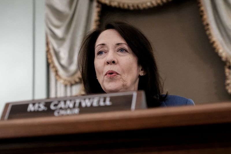 © Reuters. FILE PHOTO: U.S. Senator Maria Cantwell speaks during a Senate Commerce, Science, and Transportation Committee hearing on President Biden's proposed budget request for the Department of Transportation, on Capitol Hill in Washington, U.S., May 3, 2022. REUTERS/Michael A. McCoy/File Photo