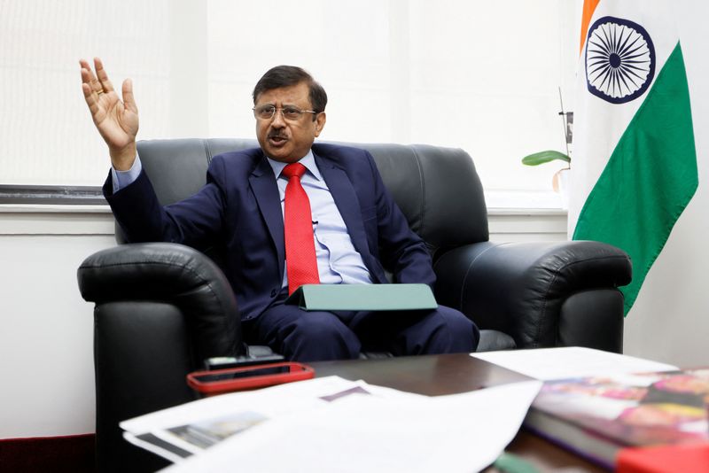 © Reuters. High Commissioner of India to Canada Sanjay Kumar Verma speaks during an interview in Ottawa, Canada June 24, 2024. REUTERS/Blair Gable