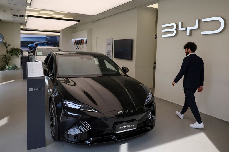 &copy; Reuters. FILE PHOTO: A person walks next to BYD Seal car in a BYD Auto company and Autotorino store in Milan, Italy, March 20, 2024. REUTERS/Claudia Greco/File Photo