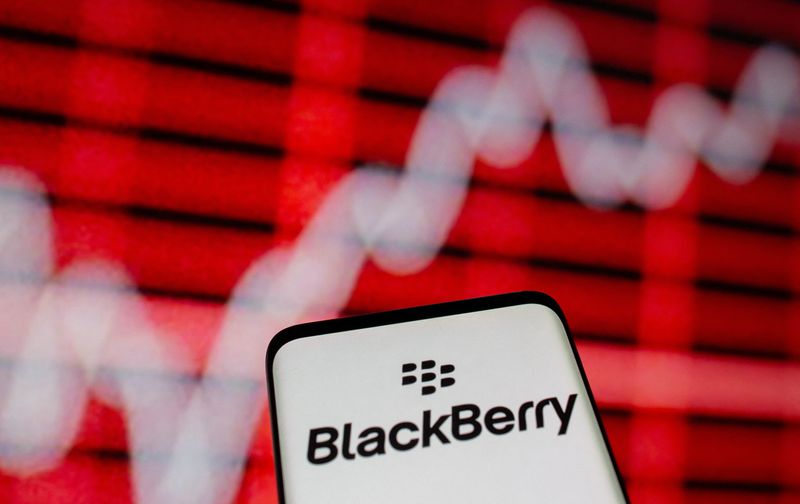 &copy; Reuters. FILE PHOTO: The Blackberry logo is seen on a smarphone in front of a displayed stock graph in this illustration taken February 5, 2021. REUTERS/Dado Ruvic/Illustration/File Photo