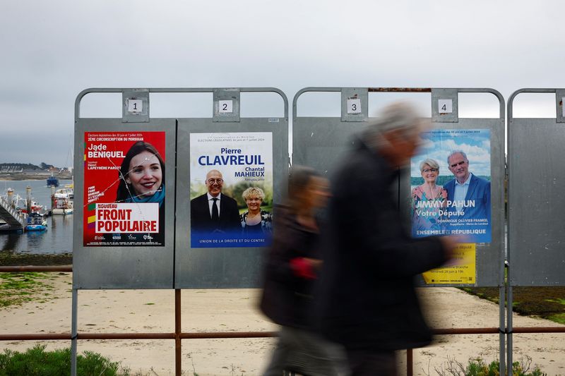 &copy; Reuters. People walk past campaign posters on election boards ahead of the June 30 and July 7 French legislatives elections, in Quiberon, western France, June 20, 2024. REUTERS/Sarah Meyssonnier/File Photo