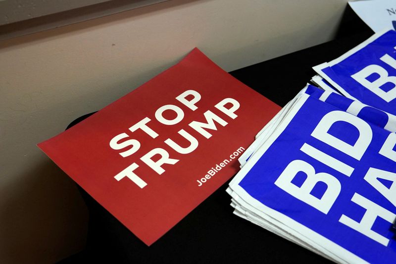 &copy; Reuters. Signs are seen before Democratic National Committee Chair Jaime Harrison meets members of the local community during a trip across eastern North Carolina to engage with rural and Black voters, at Word Tabernacle Church in Rocky Mount, North Carolina, U.S.