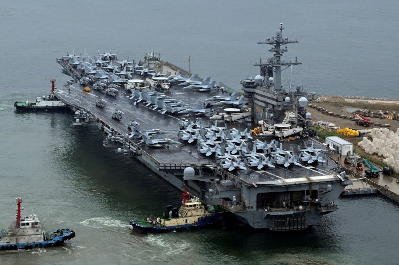&copy; Reuters. FILE PHOTO: A nuclear-powered U.S. aircraft carrier, the Theodore Roosevelt, arriving in the South Korean port city of Busan earlier this month to take part in joint military exercises with the host nation and Japan/File Photo