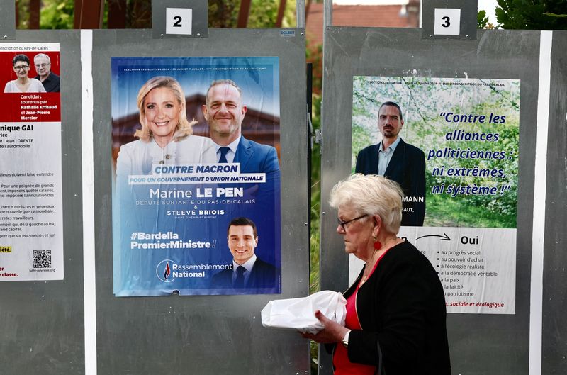 &copy; Reuters. A woman walks past election boards with a campaign poster of French far-right Rassemblement National (National Rally - RN) party with the faces of  RN leader Marine Le Pen and RN President Jordan Bardella on the eve of the first round of the early French 