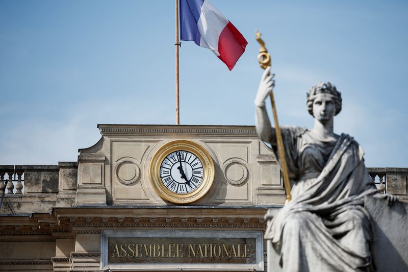 © Reuters. FILE PHOTO: Exterior view of the French National Assembly before the first round of the early French parliamentary elections, in Paris, France, June 27, 2024. REUTERS/Benoit Tessier/File Photo